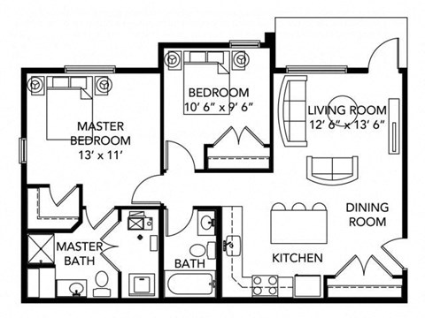 Floor plan for 2 beds, 2 baths, 850 sqft